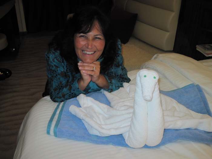Towel animals made by the wonderful cruise ship staff members on many ships greet passengers on their beds when they return from dinner.