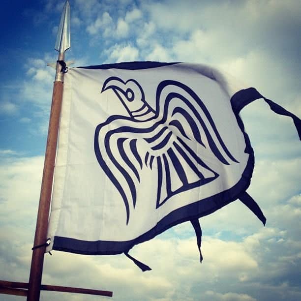 'Hrafnsmerki' or 'Land-oda', Harald's banner, 'Land-waster' was a signal for all to take shelter. He was by now past his prime, not having been on campaign for several years since running up a fortune in taxes chasing Svein Estrithsson around Denmark