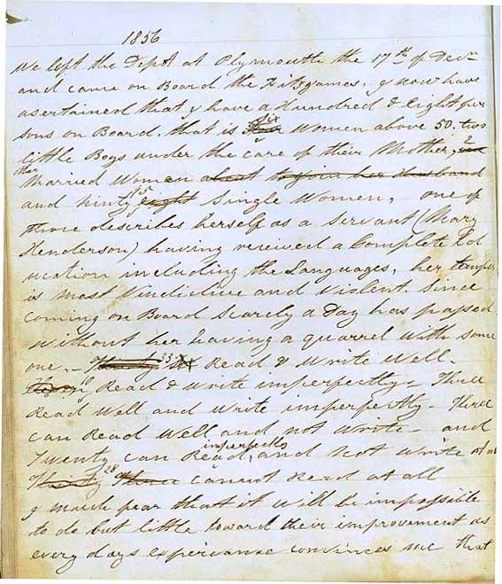 Matron's diary of the voyage of the 'Fitzjames', 1856-57 Matron Susan Austen was chaperone to 98 single females on the 'Fitzjames' which arrived in Sydney on 1 April 1857.
