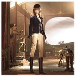 Elegant and classic equestrian Barbie Doll complete with tan riding pants (buff colored breeches, cream shirt and tie) and horsewhip and classic equestrian helmet - aka black riding hat