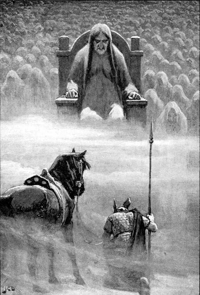 One of Odin's younger sons, Hermod kneels before Hel in Niflheim in a bid to have Baldr released