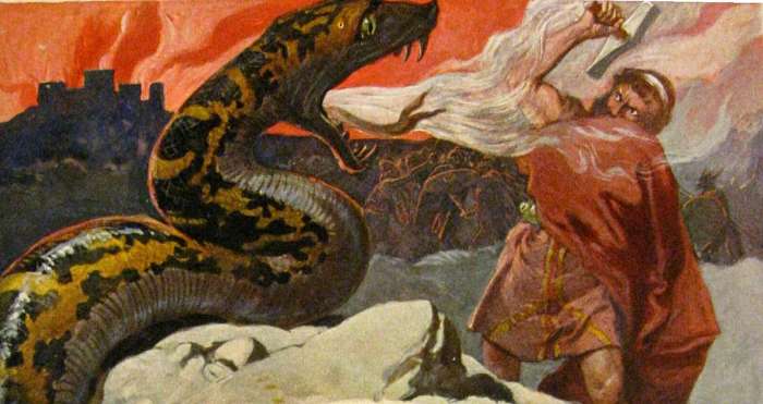 Ragnaroek - showing Thor locked in the immortal fight against another of Loki's 'children', Jormungand the World Serpent