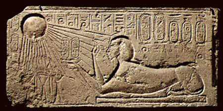 A wall carving found at Armana. In the top left you can see the sun disc representing the Aten and in the right is Akenaten in Sphix-form.