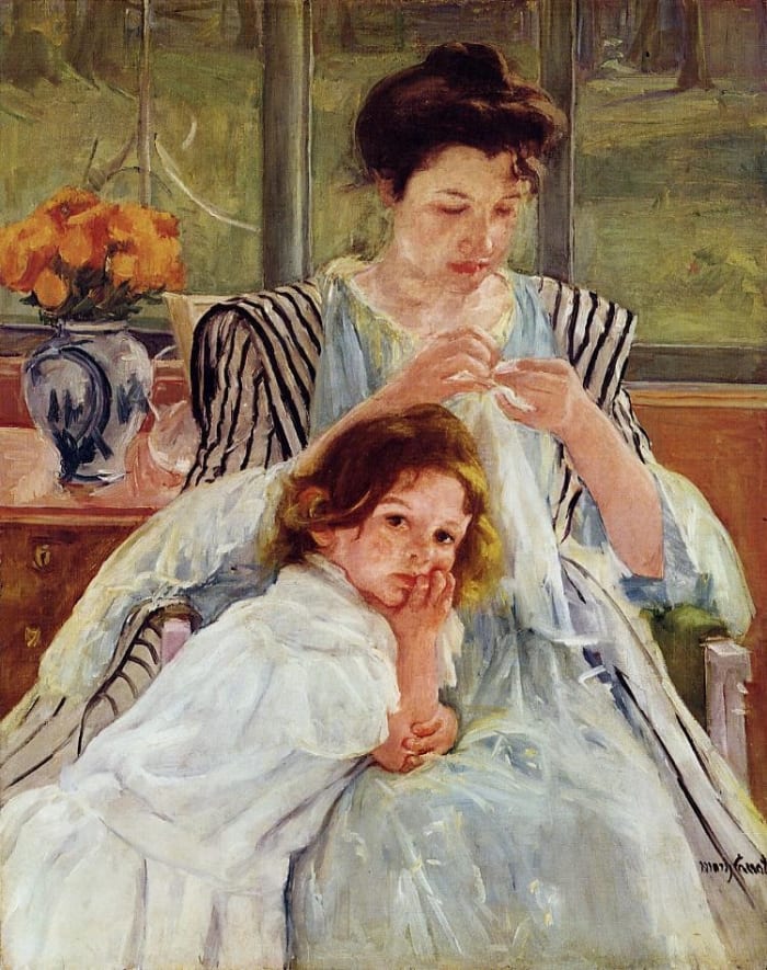 In "Young Mother Sewing," the mother is busy with her work and doesn't even stop when the little girl leans on her lap.