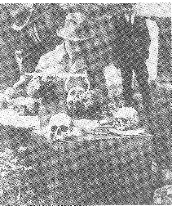 A poor but rare photo of measuring exhumed skulls to determine if any had the characteristics of a North American Indian