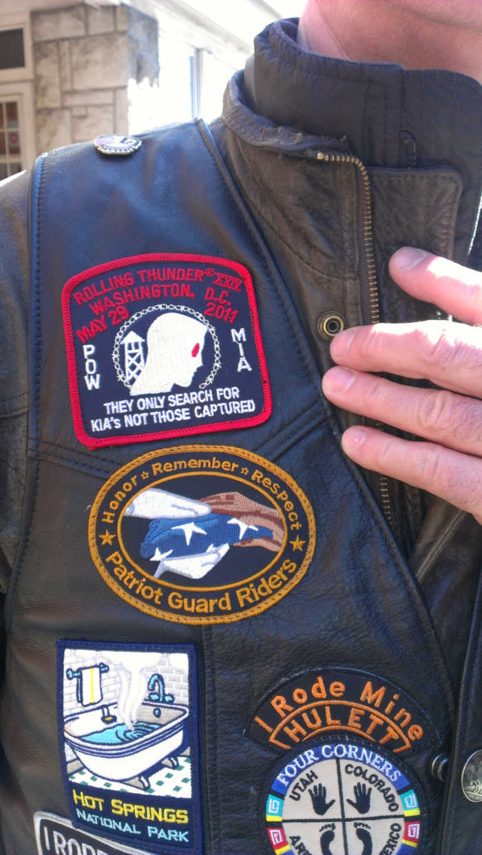 Mark sports his PGR patch. Patriot Guard Riders can purchase patches, but the Patriot Guard patches like Big John's (above) are awarded only when a rider takes part in their first escort ride.