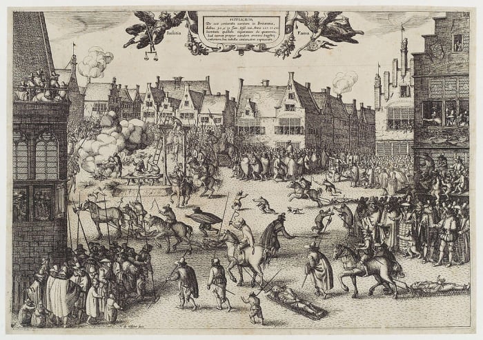 Print by Claes (Nicolaes) Jansz Visscher of Fawkes as well as Wintour, Rookwood and Keyes being dragged on wicker hurdles to the place of execution - Fawkes is said by some to have leapt off the scaffold with the noose around his neck.