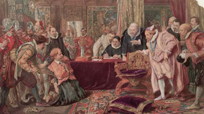 A conspirator is interrogated by members of the civil service and intelligence services - of which Robert Cecil was the head