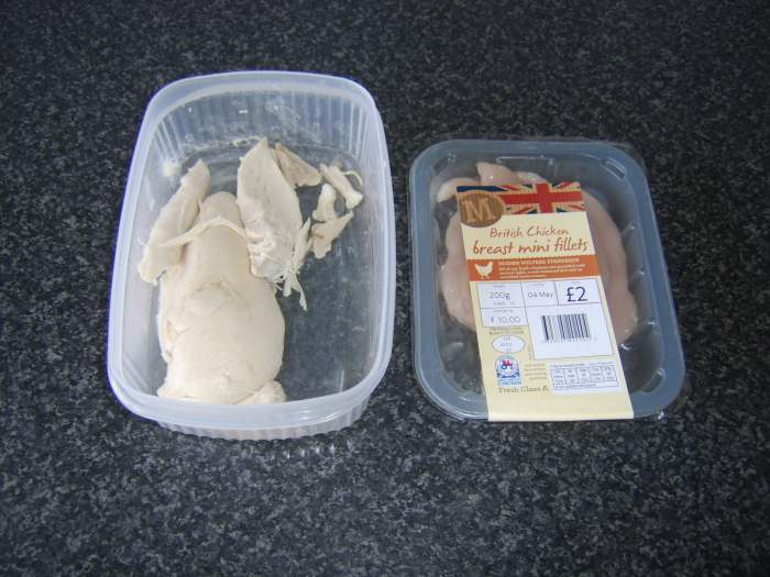 Precooked meat from a whole poached chicken and supermarket bought raw chicken can both be used in chicken soup
