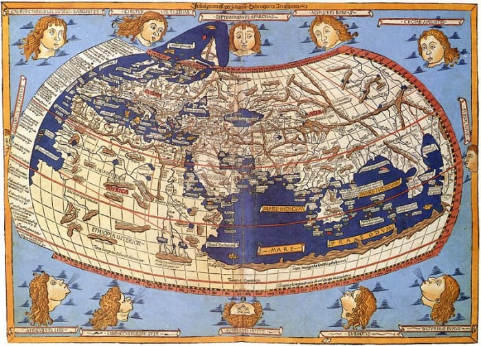A printed map from the 15th century depicting Ptolemy's description of the Ecumene or the inhabited universe, (1482, Johannes Schnitzer, engraver).