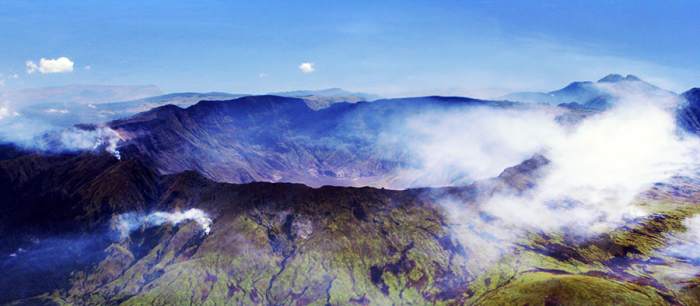 Aerial view of the caldera of Mt Tambora at the island of Sumbawa, Indonesia