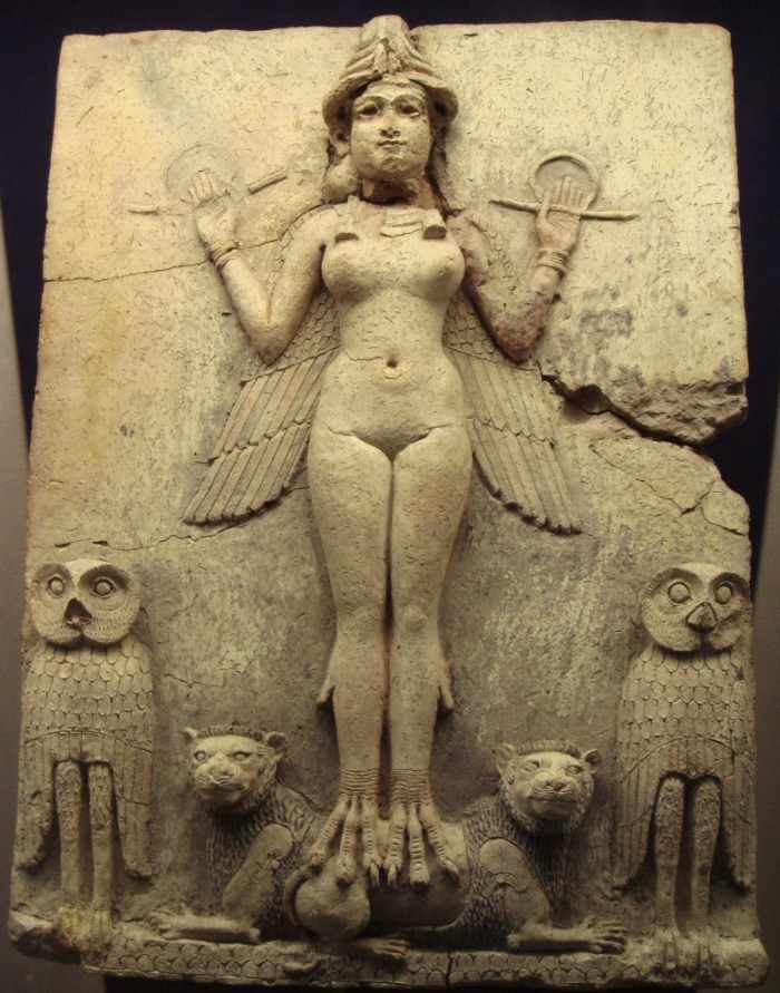 Relief from the Old Babylonian period. The depicted figure could be the goddess Ishtar, Mesopotamian goddess of sexual love and war. But the wings on her feet suggest a connection with Lilith.
