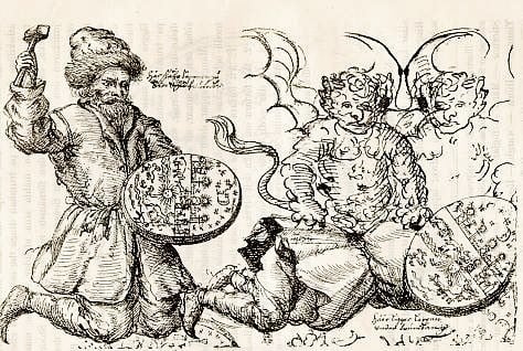 A very old illustration of a Saami shaman drumming himself into a trance. Note the artist interprets the shaman's spirit journey as demonic. (public domain image)