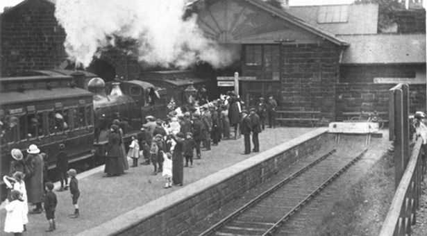Guisborough Station in 1864. At the platform is a train formation used for many years on this and other regional branches. A Fletcher Bogie Tank Passenger (BTP) engine is sandwiched between two 'porthole' clerestory passenger brake 3rds