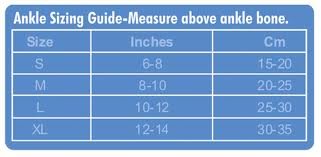 blue and white chart of different ankle sizes from small to extra large