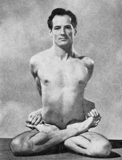 Theos Bernard was an explorer and author, known for his work on yoga and religious studies, particularly in Tibetan Buddhism. Above he does baddha padmasana (bound lotus position, posture or pose). Mentioned below.