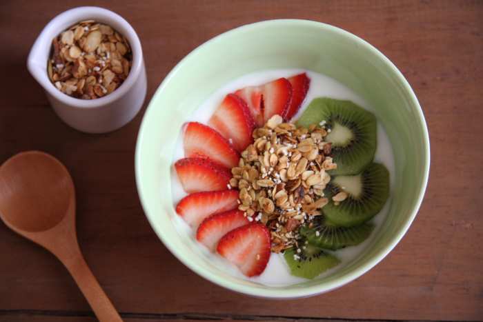 The healthy stovetop granola uses a small amount of coconut oil and agave to keep it low in fat and sugar.
