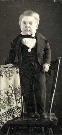 Charles Sherwood Stratton was born 4 January 1838, and his growth virtually stopped at six months, reaching only one meter at adulthood. He was picked up by P.T. Barnum and became a huge circus success as "General Tom Thumb."
