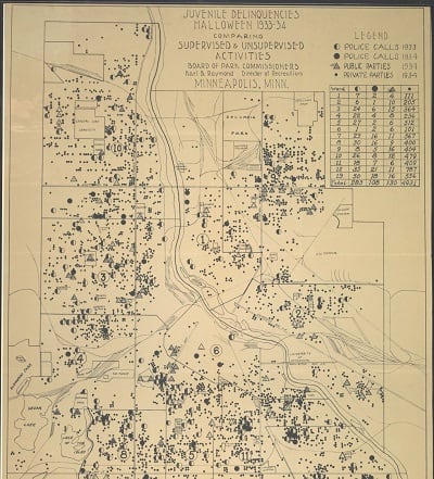 Produced by the Board of Park Commissioners, this map shows juvenile delinquency incidents on Halloween night, including police calls, public parties, and private parties.