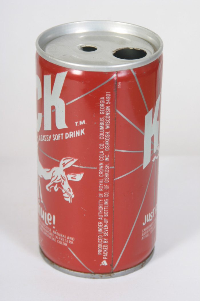Kick “A Sassy Soft Drink” Kick Like a Mule! Was produced under authority of Royal Crown Cola Co. Columbus, Georgia, and packed by Seven-UP Bottling Co of Oshkosh, Inc. Oshkosh, Wisconsin, 54901.