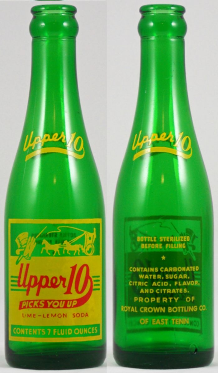 The Seven ounce Upper 10 bottle made by the Royal Crown Bottling Company of East Tennessee and was made in 1953. It was like "Kick" a lemon lime soft drink.