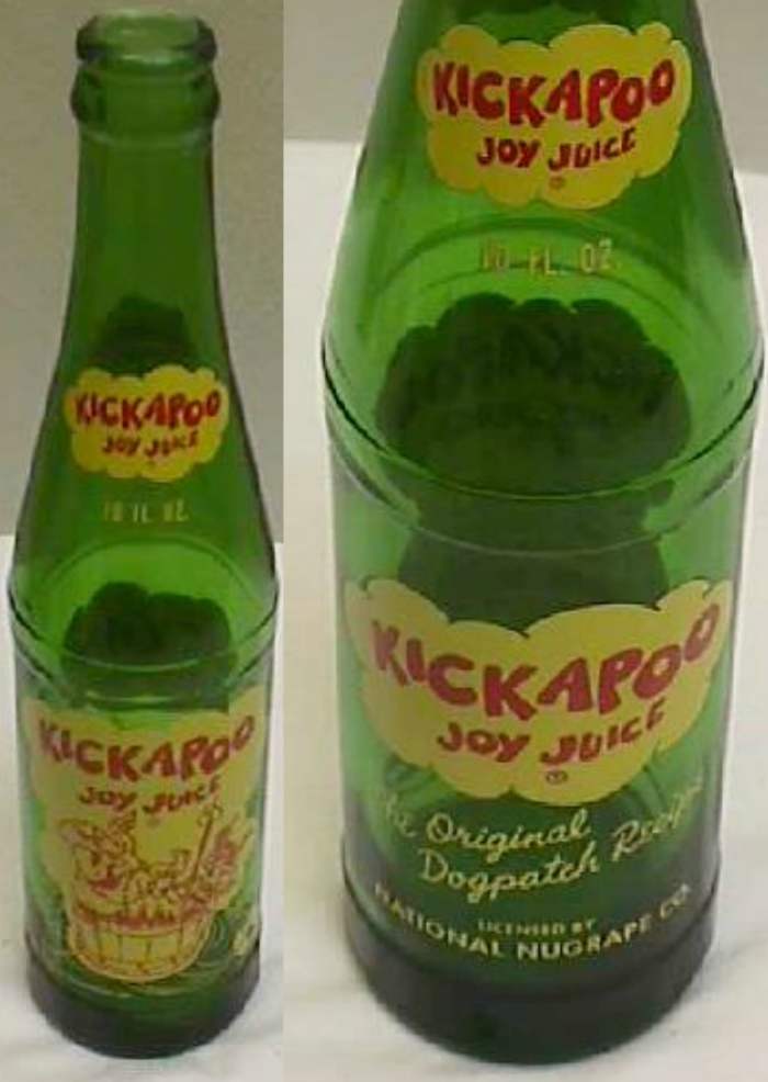 The almost ten inch tall, green glass, with a crown top, ten fluid ounces soft drink "KICKAPOO JOY JUICE" was licensed by National Nugrape Company ans was made in the year 1965. This was the competitor for “Kick like a Mule” by Royal Crown Cola.