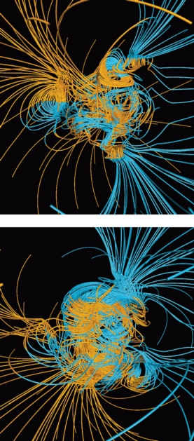 These two graphics show the Earth's magnetic fields in a completely disrupted state.