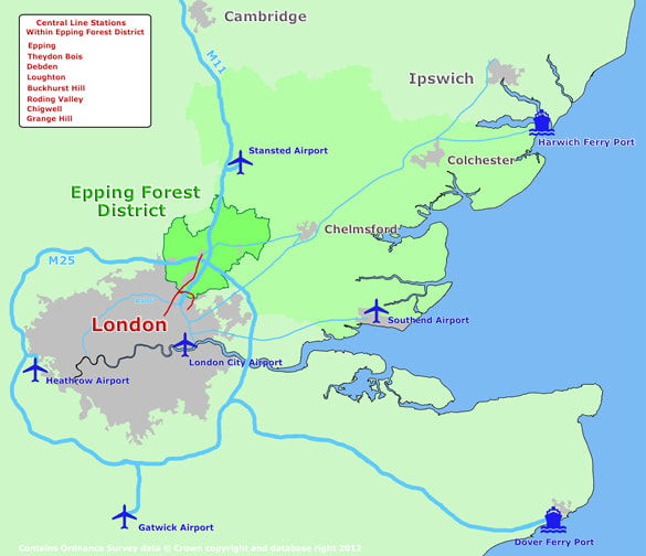 SE England - the darker green of Epping Forest Area, Wanstead Park is within the pink area to the north-east of the London conurbation