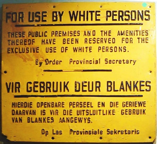 A notice indicating that a certain public premises solely for the use set by whites in South Africa