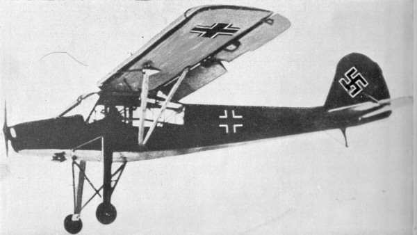 The German light reconnaissance aircraft the Storch which could take off from a very short landing strip.