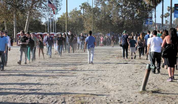 A never-ending line of people stand outside the Los Angeles Memorial Coliseum, waiting to see Bernie Sanders speak. August 10, 2015