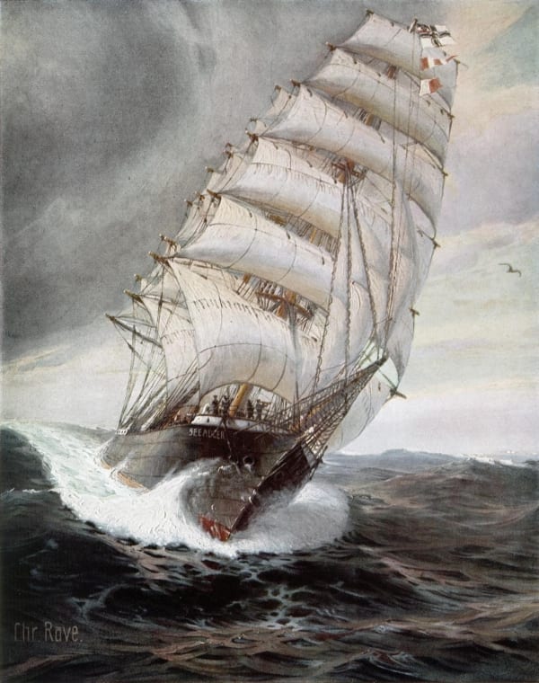 WW1: Painting by Christopher Rave of SMS Seeadler (Sea Eagle) in full sail on the high seas
