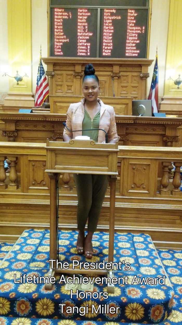 Tangi was awarded the President's Lifetime Achievement Award in Georgia at the State Capitol in Atlanta in early 2017.