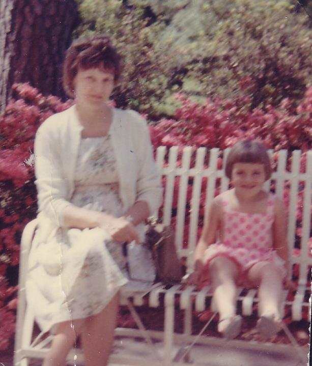 My mother and my middle sister, sitting on a bench on the grounds of the Bradley Library in my home town. My mother always cut my middle sister's hair like Dorothy Hamill for some reason.