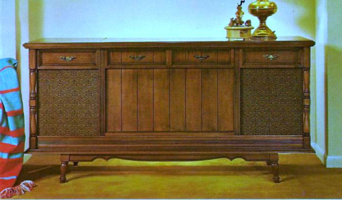 The Columbine, model 44M310, Genuine Maple veneer and selected hardwood solids. Dimensions: 62 inches long, 30 3/4 high, with custom stereo sound system and four speakers. Retail price $249.95.