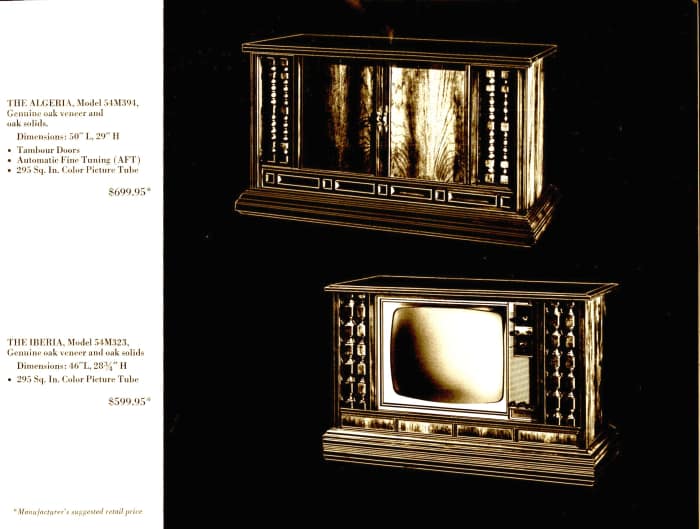 The Algeria, Dimensions 50 inches long and 29 inches high, with Tambour Doors. The Iberia, Dimensions 46 inches long, and 28 3/4 high both have a 295 square inch color picture tube, and fine tuning.