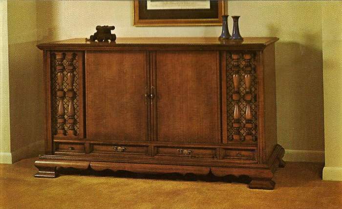 The Claymont, Curtis Mathes Model 54M384, Genuine maple veneer and select hardwood. Dimensions: 50 inches long, 29 1?4 high, 295 square inch color picture tube, Tambour doors, automatic fine tuning $699.95