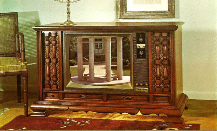 The McKavitt, Curtis Mathes Model 54M363, Genuine maple veneer and selected hardwoods. Dimensions: 46 inches long, 28 3/4 inches high with a 295 square inch color picture tube ... $599.95 back in 1967