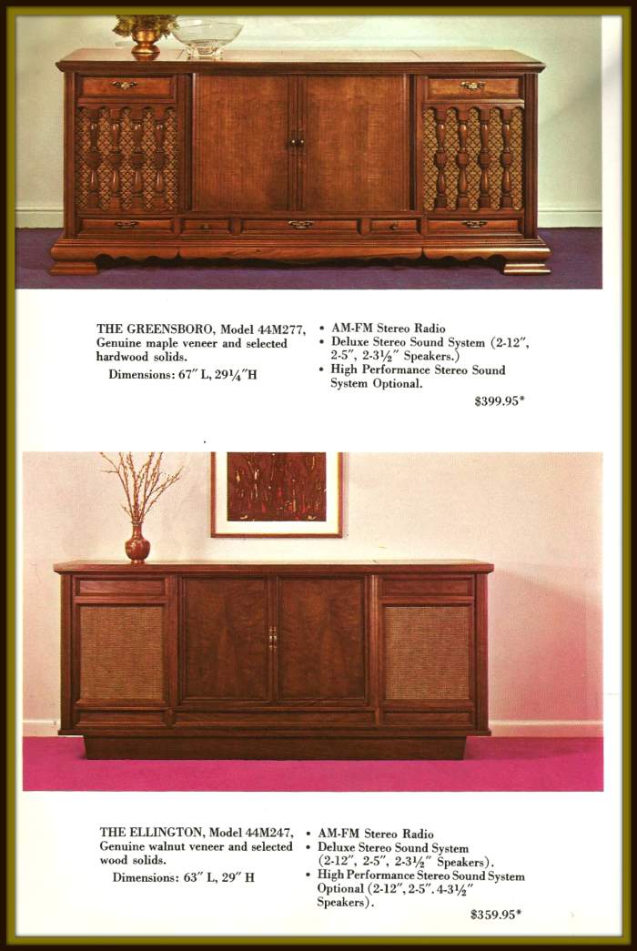 The Greensboro, Model 44M277, Genuine maple veneer and selected hardwood solids. Dimensions 67 inches long 29 1/4 high ... The Ellington, Model 44M247, Genuine walnut veneer and selected wood solids. Dimensions: 63 inches long, 29 inches high.
