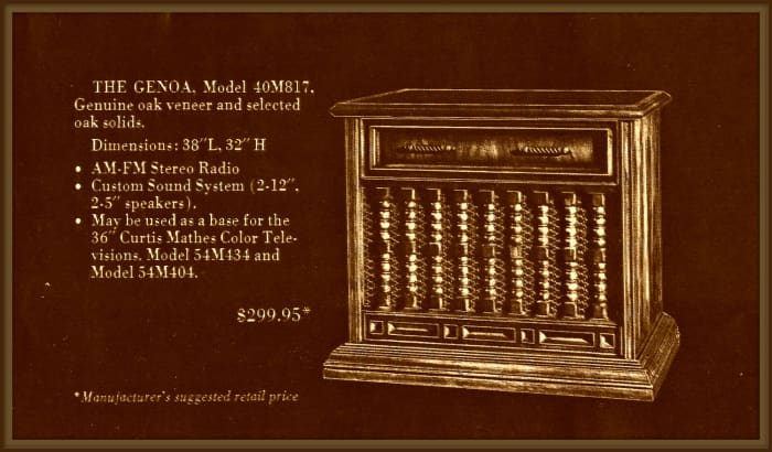 The Genoa, Model 40M817 Genuine oak veneer and selected oak solids. Dimensions: 38 inches long, 32 inches high. Am - FM Stereo Radio, Custom sound system with four speakers, It may be used as a base for the 36 inch Curtis Mathes color television ..