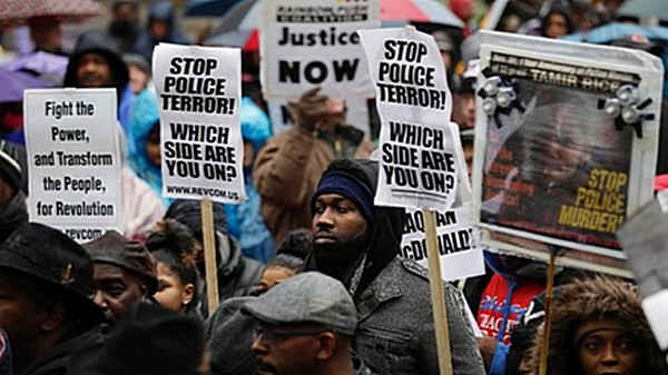 This could be nearly anywhere in America, but it's a protest against a Wauwatosa, Michigan officer who killed a man in his parked car.