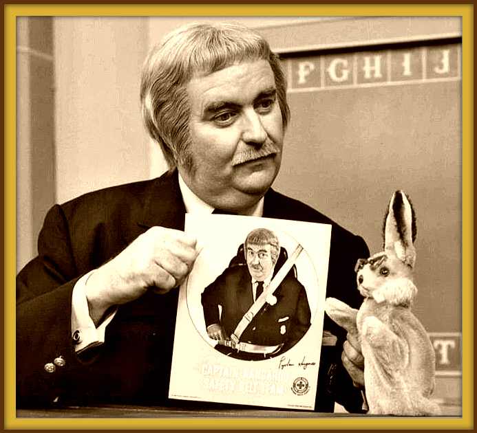 Captain Kangaroo with Bunny Rabbit. Bunny was made by Character Novelty Company. This was an AD that was part of a seat belt campaign. Bob Keeshan played Captain Kangaroo for many many years on TV.