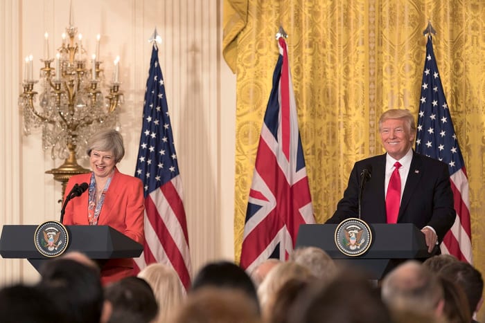 President Donald Trump and British Prime Minister Theresa May appear at a joint press conference, Friday, Jan. 27, 2017, in the East Room of the White House in Washington, D.C.