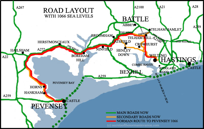 The South Coast around Hastings and Pevensey, showing the difference in coastline - the present coast is demonstrated by the pale blue area