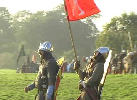 Harold leads onto the crest of Caldbec Hill with his stallari Ansgar, shire reeve of Middlesex carrying his personal banner