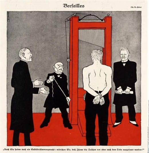 A typical German vision of the treaty: an allegorical Germany is faced with a guillotine, held by Clemenceau and watched by the British and Americans. Also painfully inaccurate.