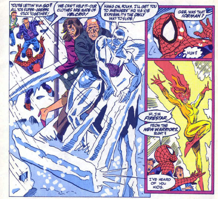Panels from Web of Spider-Man #75, depicting the first in-continuity meeting of Spider-Man and Firestar.