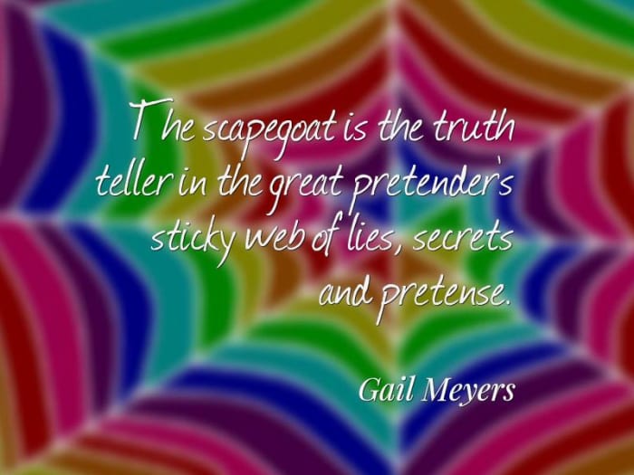 The scapegoat is the truth teller in the great pretenders sticky web of secret, lies, and pretense. - Gail Meyers Note: We are regularly locked out of our FB account.