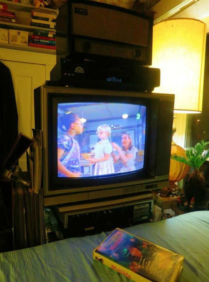 Matilda being played on the Sony Trinitron Color Television, Model KV-1926RA, and a Sony VCR model SLV-779HF. All left in a very dank shed through over six years of hellish steaming summers, & six years of freezing cold winters. All working great.