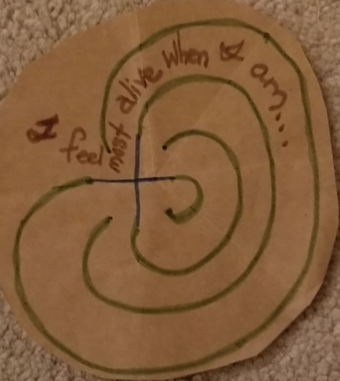 One prompt for journal writing along the labyrinth path. Consider what makes you feel most alive when you decide upon the next project that'll receive your time and energy.